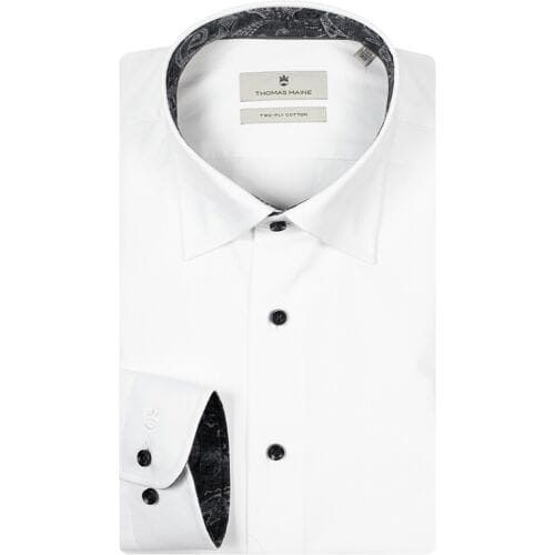 Thomas Maine Overhemd Bergamo Verborgen Button-Down Two-Ply Subtle Pattern Contrast Wit-Donker Navy / male