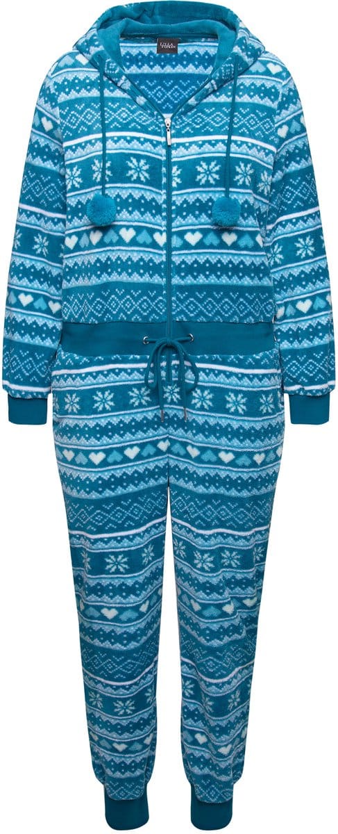Ulla Popken - Dames - Homewear overall pluche Noors patroon capuchon - Saffier - Maat 46+