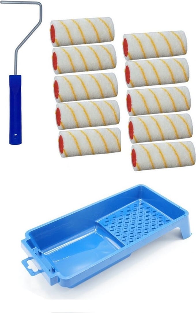 10x verfroller / vachtrollers incl rollerbeugel en verfbakje - 10 cm - rollers voor het schilderen van wanden en plafonds