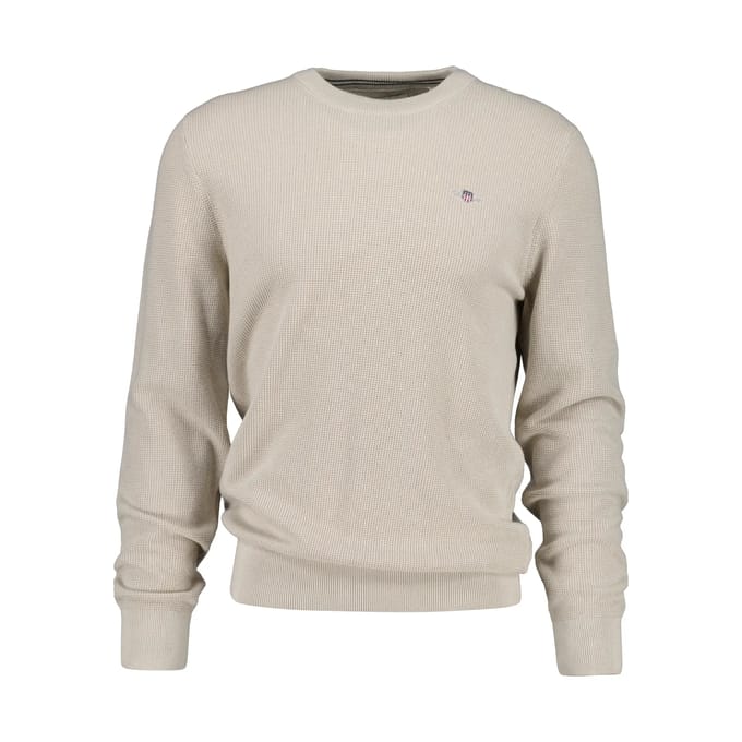 Gant Trui Solid Color Micro Textured Cotton Crew Neck Clay Beige / male