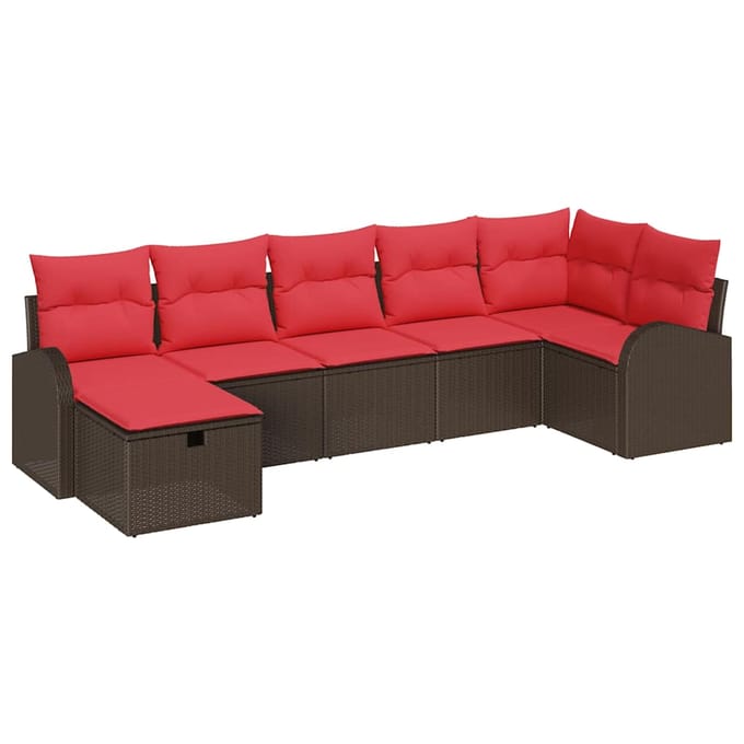 vidaXL Bankstel 7 st Bruin en Rood poly rattan
