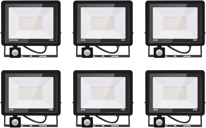 6 Stuks LED Buitenlamp met Bewegingsmelder 100W 10000LM IP66 Schijnwerper Koud Wit