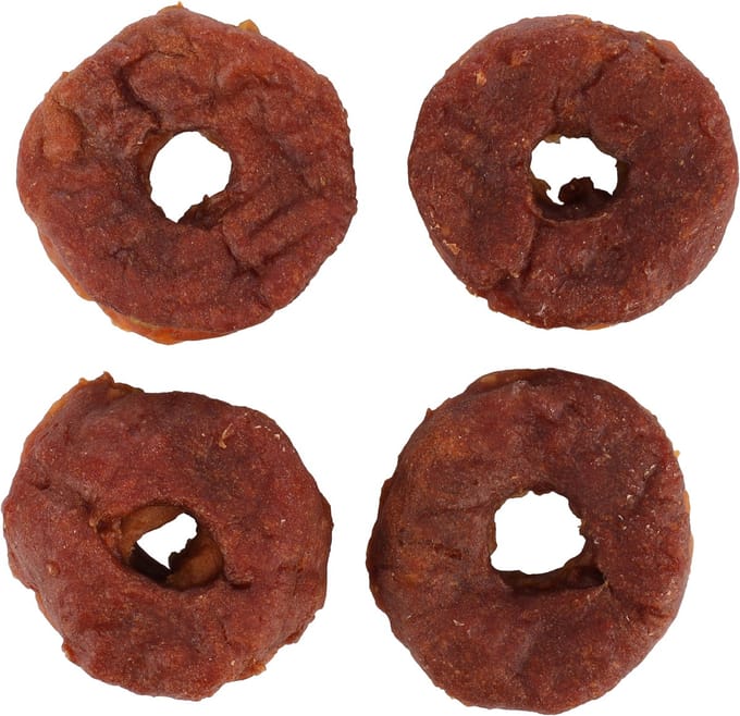 flamingo hapki hondensnack donut met eend 4 st samen 95 gr 100%tasty