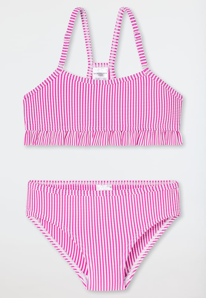 Bikini met seersucker-strepen en ruches, fuchsia - aquablauw 92