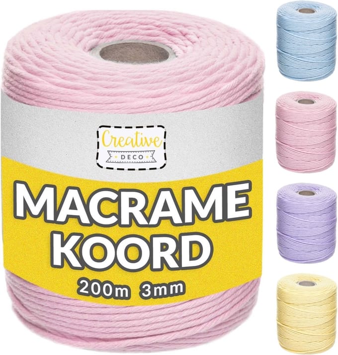 Creative Deco Macrame Koord Katoenen Koord | Roze Licht 200 m | 2-3 mm Dikte