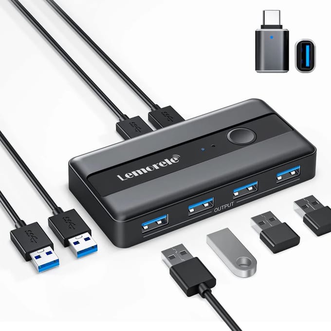 Lemorele H5 USB 3.0 KVM-Switch - 4 USB-poorten - 2 Computers Delen - Plug & Play