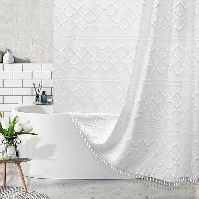 Witte Boho Douchegordijn - Stoffen Gordijn - Badkamer Decoratie - Getuft Chevron Ontwerp - 183 x 213 cm - Wit