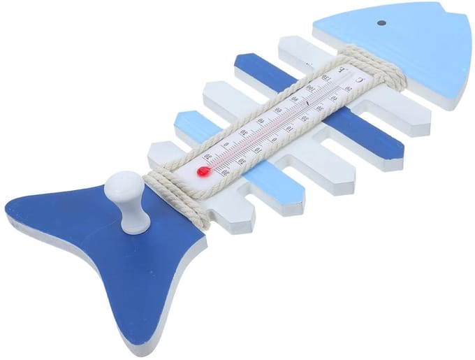 Houten Vis Thermometer - Wanddecoratie met Haak - Temperatuur Meten - Visgraat Ontwerp - 28 cm - Multicolor