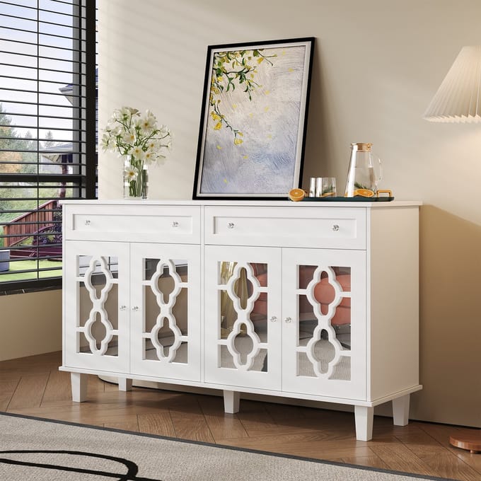REDOM Dressoir met vier spiegeldeuren en kristalgrepen – wit MDF, verstelbare planken, 2 lades, 140×40×83 cm, modern