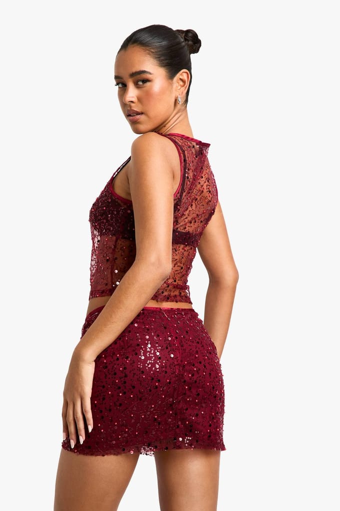 boohoo Dames Sequin Sheer Racer Vest | Malbec | Maat: 14