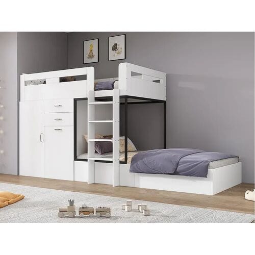 ModernLuxe Multifunctioneel stapelbed - 2x90x200 cm - met kledingkast en uitschuifbaar bureau - Wit (zonder matras)