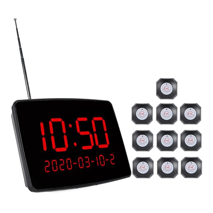 Système d'appel sans fil avec affichage de l'heure, sonnette de table pour restaurant avec 10 boutons et 1 récepteur UK Plug black