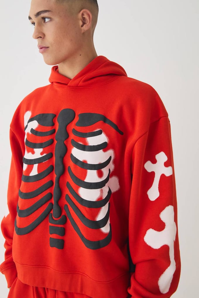 Oversized Boxy Skeleton Puff Print Cross Hoodie | Red | Size Medium