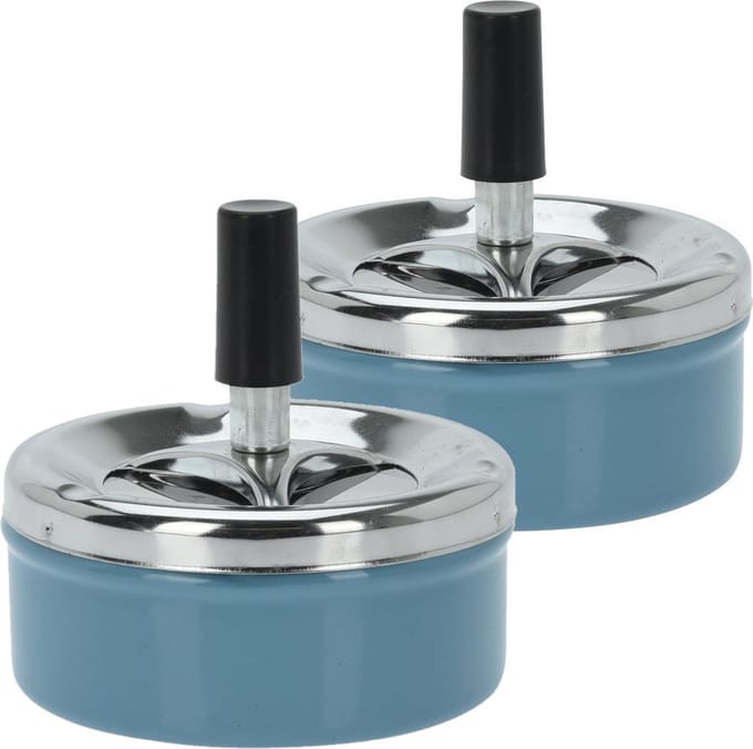 Set van 2x stuks druk en draai tafel asbak metaal blauw en chrome 9 x 5 cm