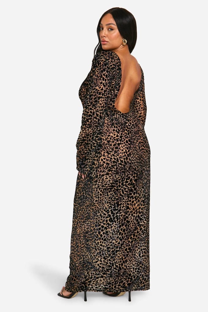 boohoo Dames Plus Leopard Devore Maxi-jurk met lage rug in column-stijl | Luipaardprint | Maat: 56