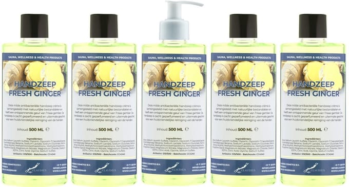 Handzeep Fresh Ginger 500 ml - set van 5 stuks - met gratis pomp - Voordeelverpakking