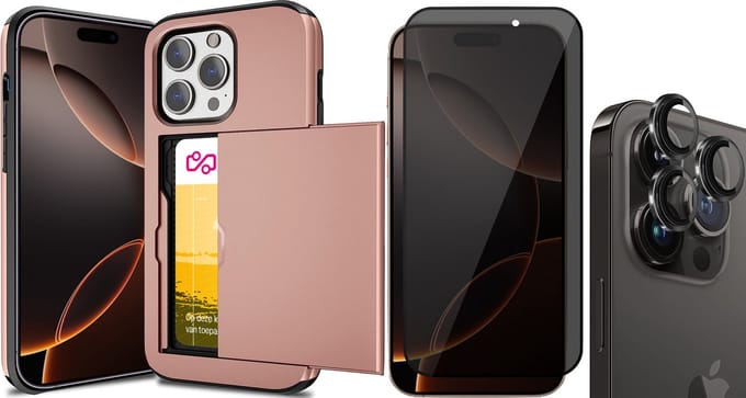 Hoesje met Pasjeshouder geschikt voor iPhone 16 Pro Max - Privacy Screenprotector FullGuard & Camera Lens Screen Protector Zwart - Back Cover SlideCase Roségoud