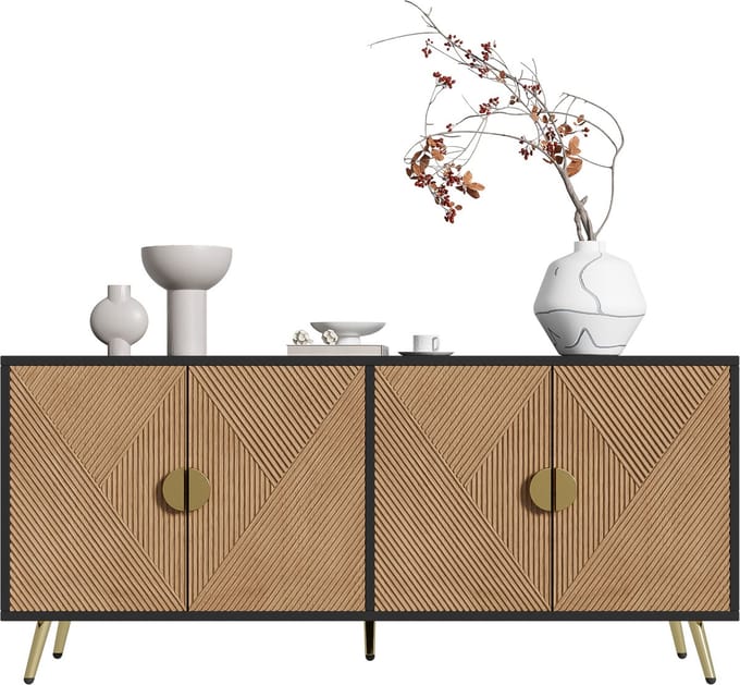 Dressoir - 160 cm - Buffetkast met 4 Deuren - Gouden Grepen en Hoogglans Poten - Modern - Wit