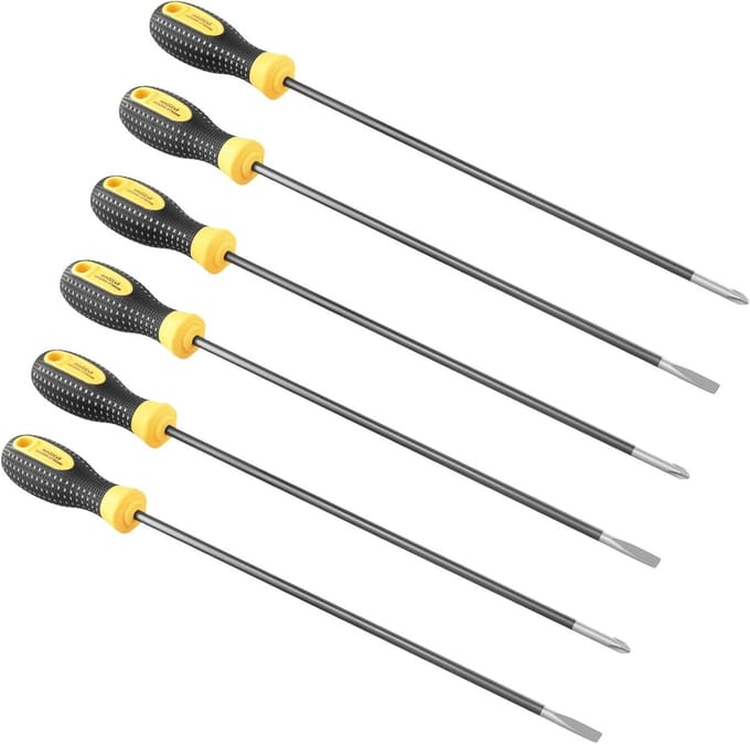 6-delige Schroevendraaierset met 3 Philips en 3 Platte Schroevendraaiers, Magnetisch en Lang, 300 mm