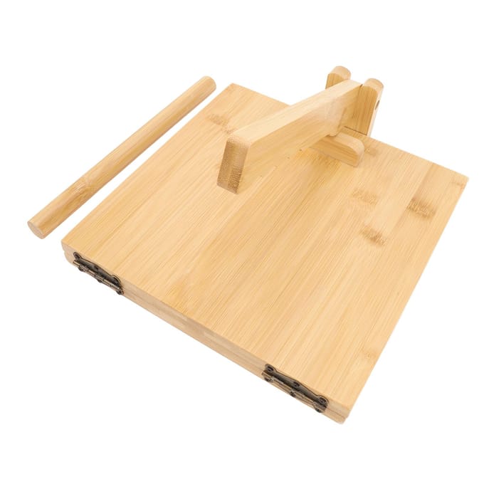 Houten Tortillapers Maker met Deegroller en 50 Vellen Bakpapier Handmatige Deegpers L beige