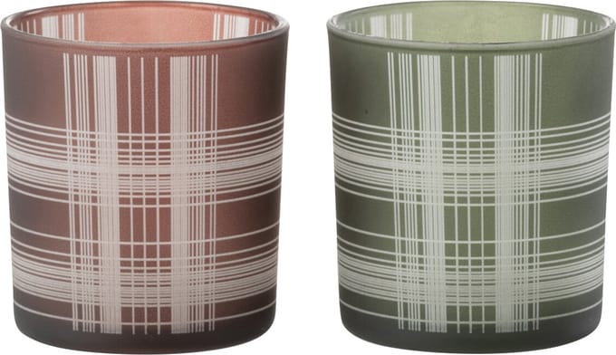 J-Line windlicht Geruit - glas - bruin/groen - small - 2 stuks