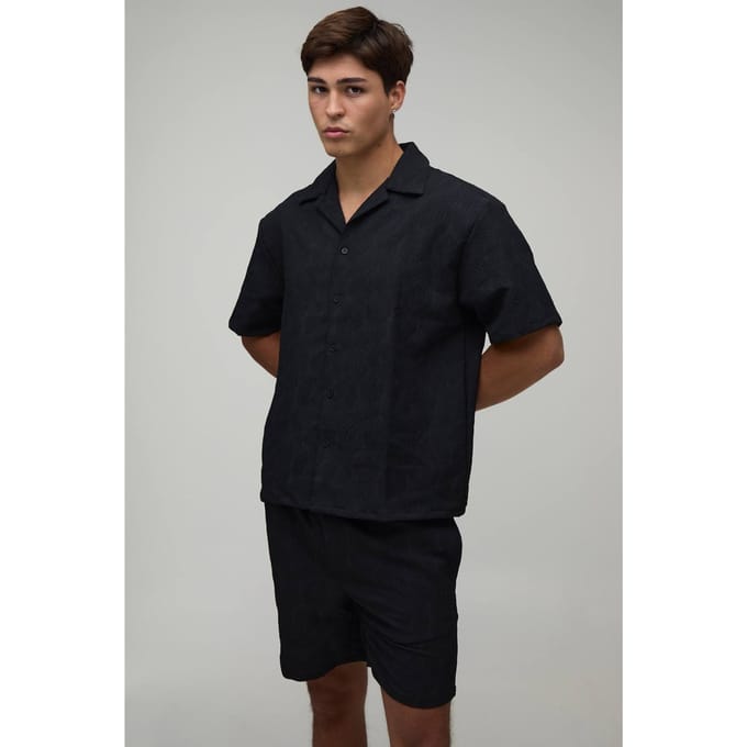 Palm Crinkle Oversized Shirt & Relaxed Short Set | Black | Size Medium
