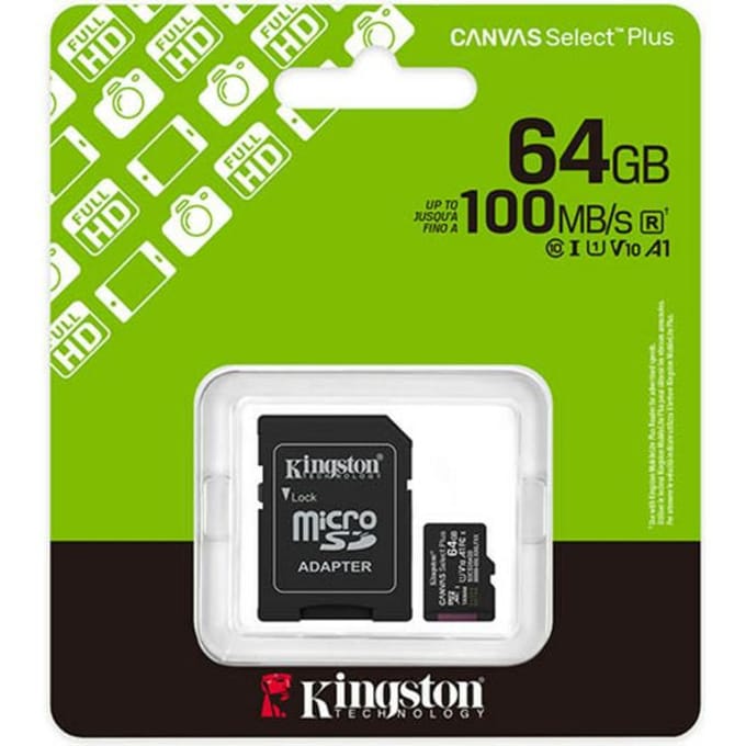 Kingston Technology 64GB microSDXC Canvas Select Plus Gen3 100MB/s A1 kaart + adapter