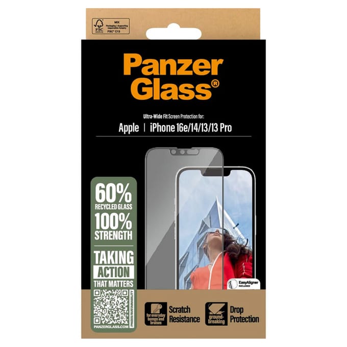PanzerGlass Ultra-Wide Fit PGRNUWFG29845-PG Screenprotector (glas) Apple iPhone 13., iPhone 13 Pro, iPhone 14., iPhone 16e 1 stuk(s) Antibacterieel,