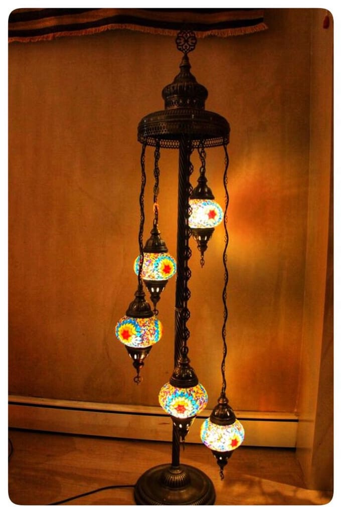 Turkse - staande lamp - 5 bollen glas - Oosterse vloerlamp - mozaïeklamp - Turqoise - Multicolour