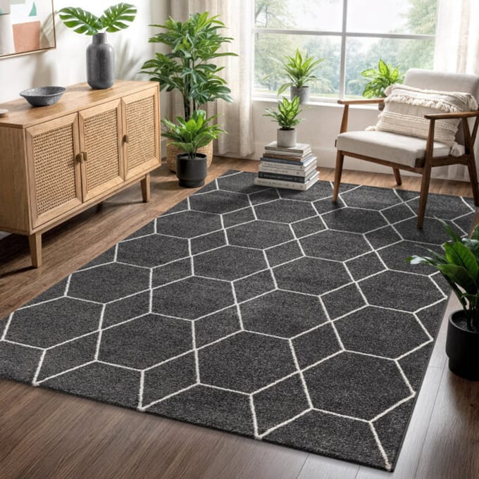 Muratap Trellis uni effen laagpolig vloerkleed modern donker 120x170 cm