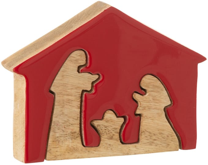 J-Line decoratie Kerststal in Huis - hout - rood/naturel - small