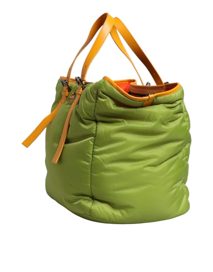 Groene Nylon Gevoerde Logo Plaque Tote Schoudertas