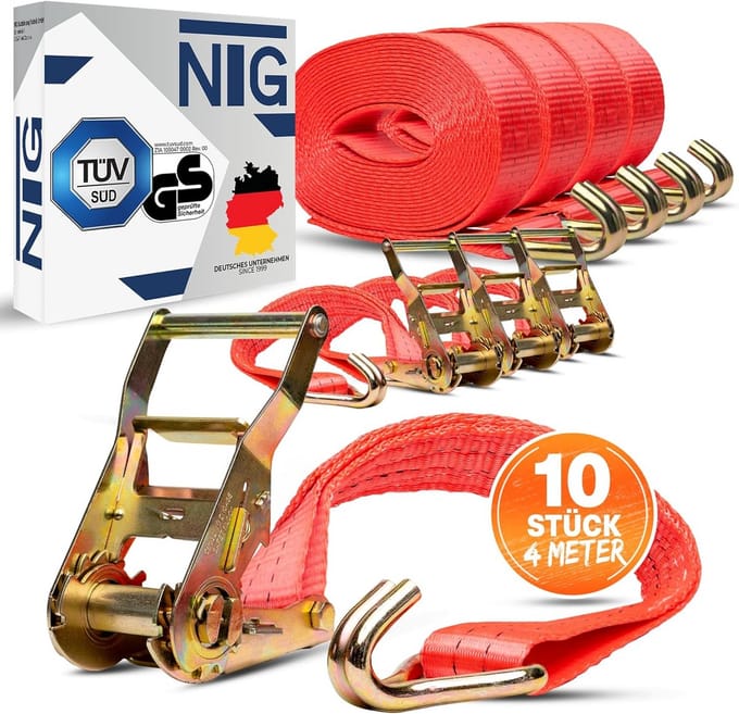 10x Spanbanden met Ratel - 2000 kg (daN) - 4 Meter - 35mm Breed - TÜV/GS Gekeurd