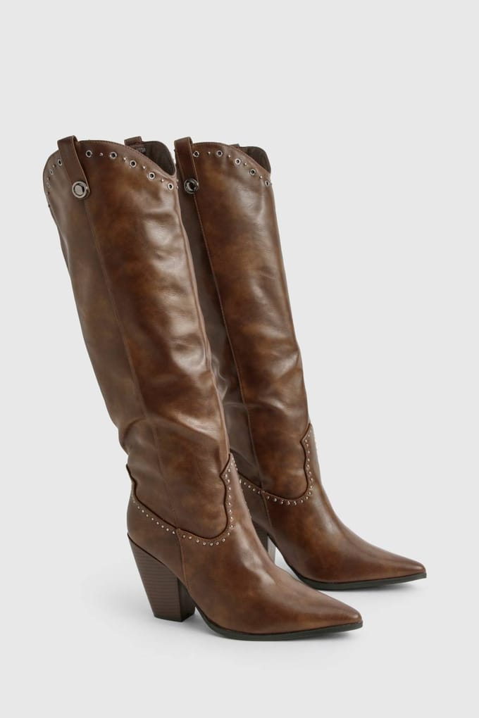 boohoo Dames Western Laarzen met Gespijkerde Details | Chocolate | Maat: 3