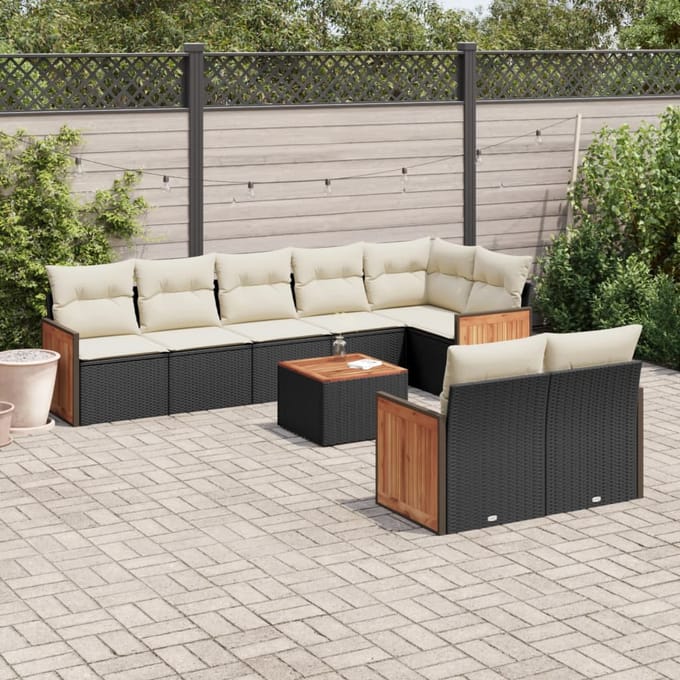 vidaXL - 9-delige - Loungeset - met - kussens - poly - rattan - zwart