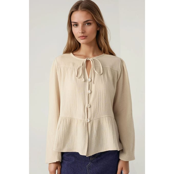 Crewneck Lange Mouwen Gewoven Mousseline Blouse
