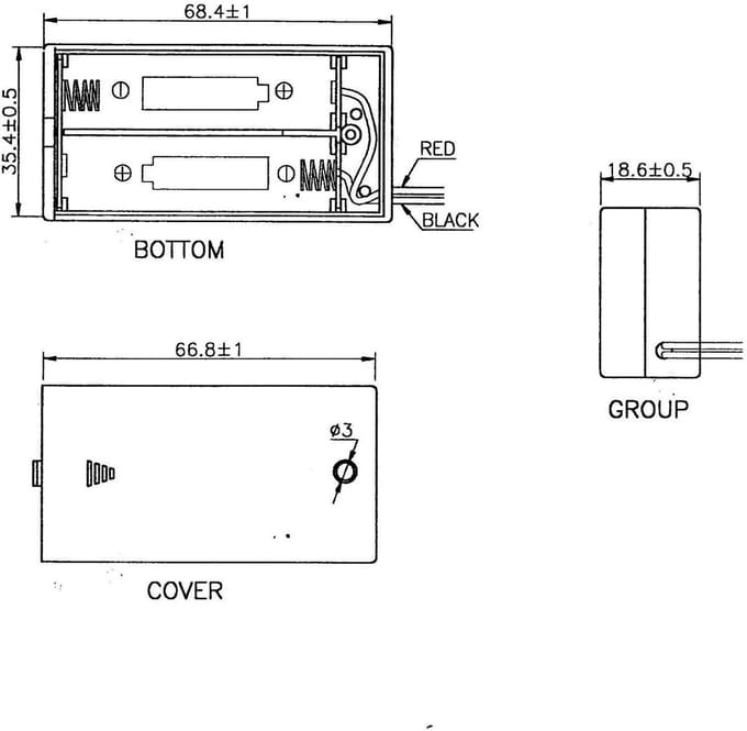 Batterijhouder - 2x AA Mignon - Camera Apparatuur - Aan/uit schakelaar - 68 x 49 x 22 cm - Zwart