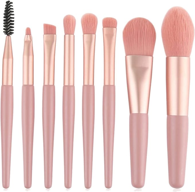 Complete Make-up Borstelset van 8 Stukken voor Foundation, Oogschaduw, Concealer en Eyelijner in Roze Kleur