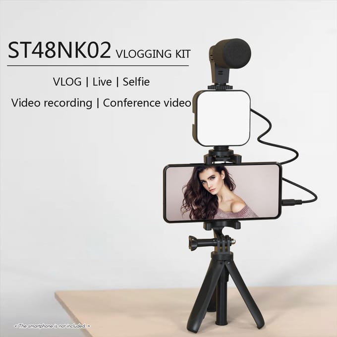 Smartphone Vlogging Kit Statief Telefoonhouder + Microfoon + Videolamp + Klem + 3.5mm TRS naar TRRS Audiokabel voor Live white