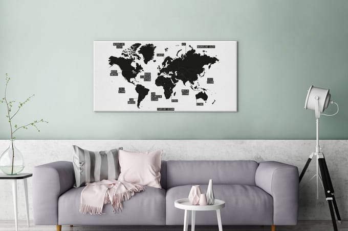 Zwart wit wereldkaart canvas | Wereldkaart Canvas Schilderij 100x50 cm