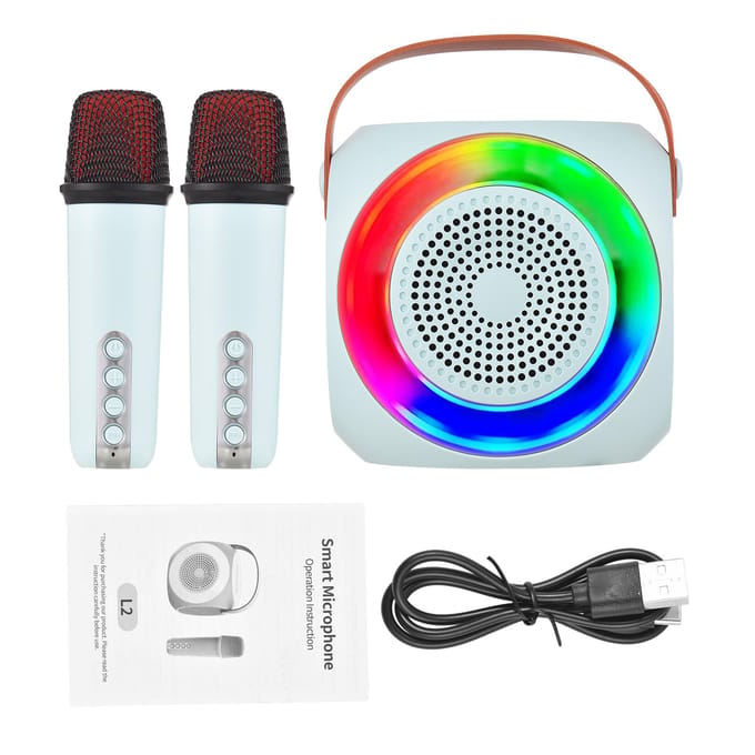 Mini Karaoke Machine Draadloze Microfoon en Speaker Set met 2 Microfoon LED Kleurenlicht Handheld zwart