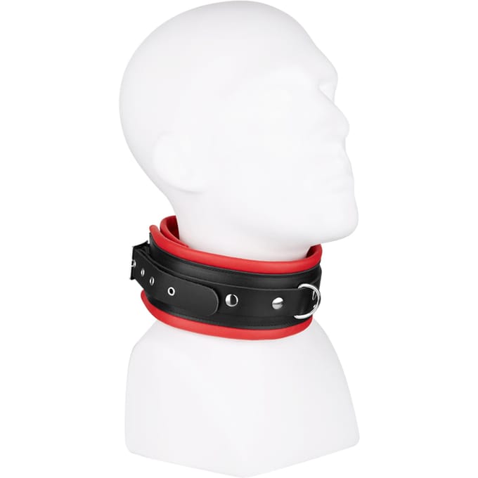 Rimba - Brede En Gevoerde Leren collar Met D-ring Zwart/Rood