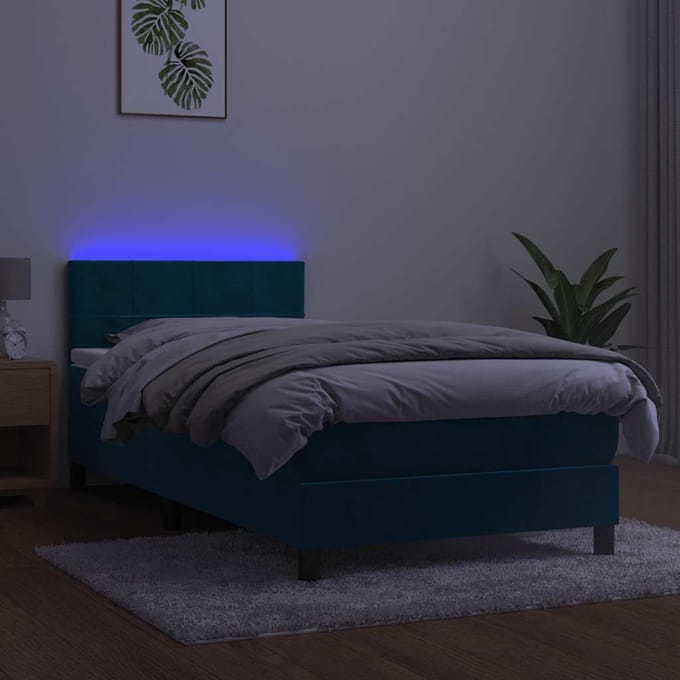 vidaXL - Boxspring - met - matras - en - LED - fluweel - donkerblauw - 90x200 - cm