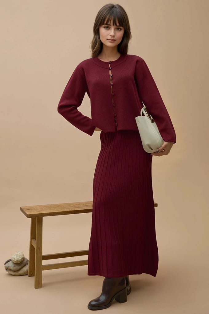 Gestructureerde Brei Co-Ord Set met Crew Neck Cardigan en Uitlopende Rok