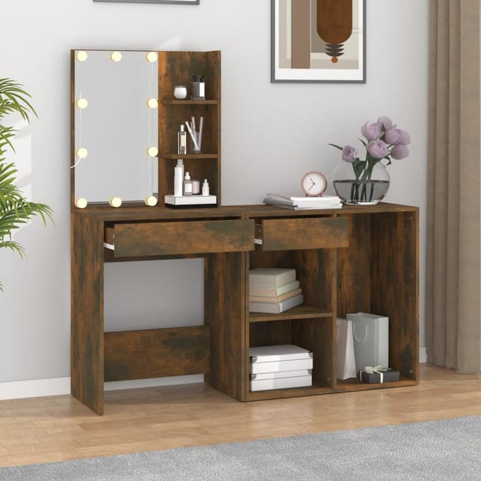 vidaXL - Kaptafel - met - kastje - bewerkt - hout - gerookt - eikenkleurig