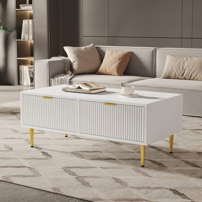 MIVRAY Salontafel - Met 2 Laden En Verticale Fronten - Voor Woonkamer - MDF Wit En Goud - 100x50x40 Cm