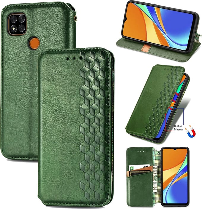 Luxe PU Lederen Ruitpatroon Wallet Case + PMMA Screenprotector voor Xiaomi Redmi 9C _ Groen