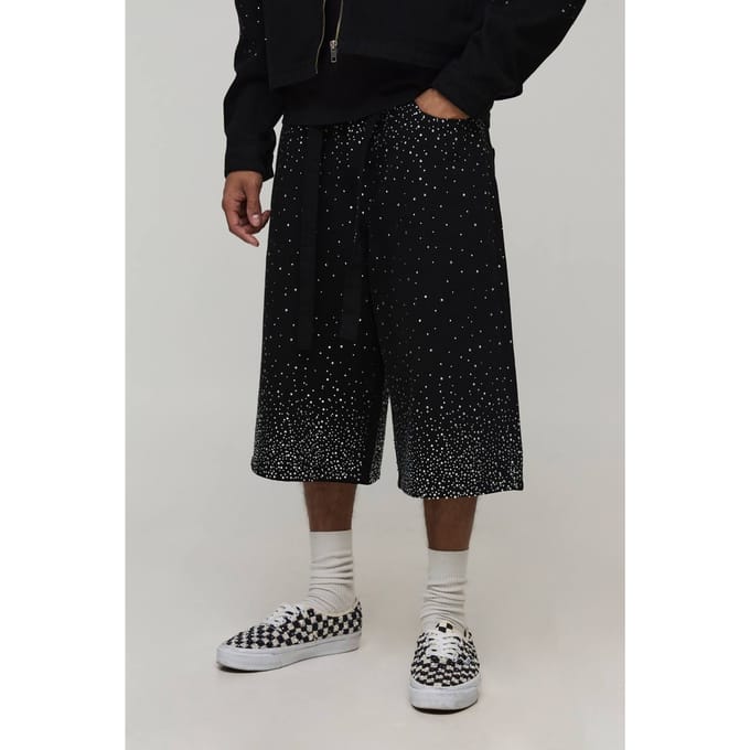 Gewassen Relaxed Fit Jeans Short Met Riem En Strass | Washed Black | Size 34