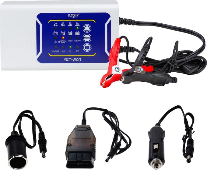 Mashin SC-800 acculader voor 12v accus complete set met OBD Memory Saver Tools en sigar socket