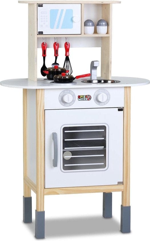 Spielwerk Speelkeuken - Hout 57x29x83cm Hoogte Verstelbaar Accessoires - Wit